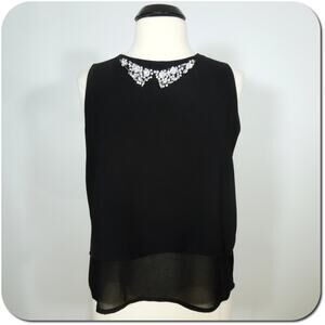 ENGLISH ROSE Blouse L LARGE Womens Black Jeweled Neck Sleeveless Double Sheer